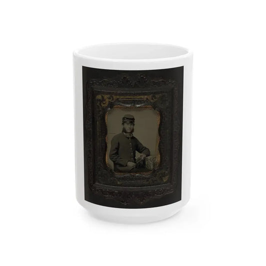 Unidentified Soldier In Union Frock Coat And Forage Cap Holding Book (U.S. Civil War) White Coffee Mug 15oz - Go Mug Yourself