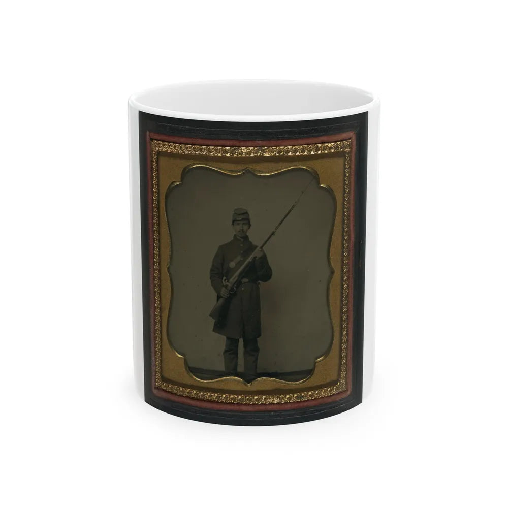 Unidentified Soldier In Union Frock Coat And Forage Cap With Bayoneted Musket (U.S. Civil War) White Coffee Mug-11oz-Go Mug Yourself