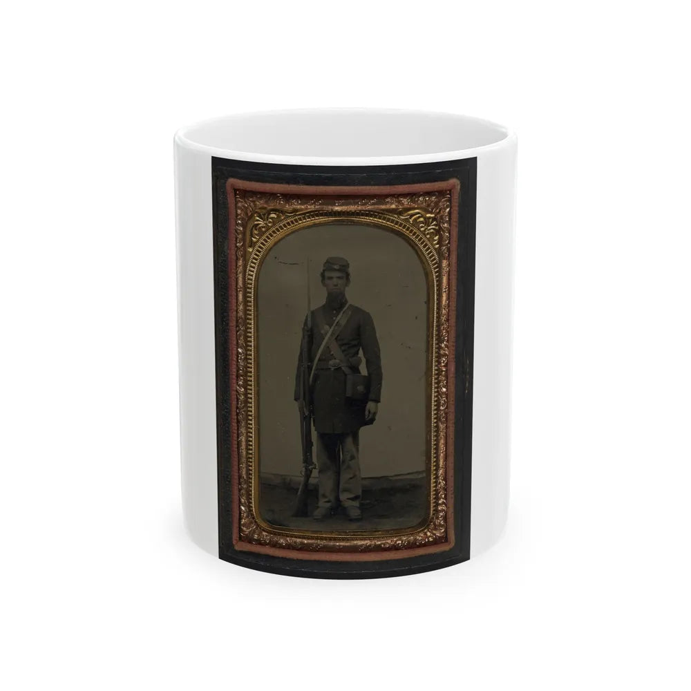 Unidentified Soldier In Union Frock Coat And Forage Cap With Cap Box, Cartridge Pouch, And Bayoneted Musket (U.S. Civil War) White Coffee Mug-11oz-Go Mug Yourself