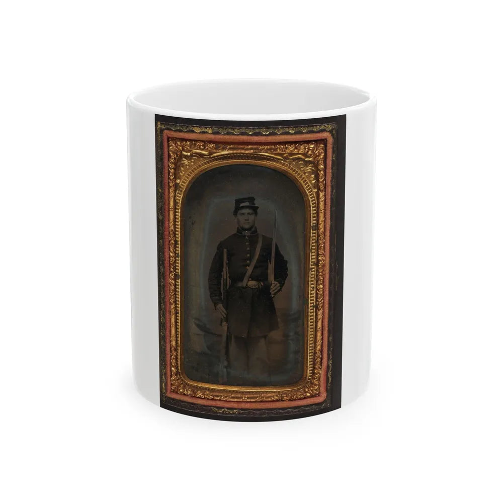 Unidentified Soldier In Union Frock Coat And Forage Cap With Saber And Musket (U.S. Civil War) White Coffee Mug-11oz-Go Mug Yourself