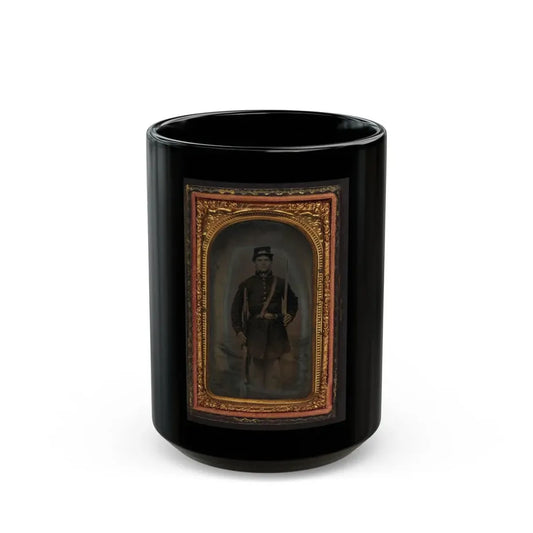 Unidentified Soldier In Union Frock Coat And Forage Cap With Saber And Musket (U.S. Civil War) Black Coffee Mug 15oz - Go Mug Yourself