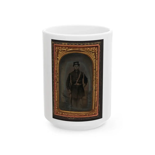 Unidentified Soldier In Union Frock Coat And Forage Cap With Saber And Musket (U.S. Civil War) White Coffee Mug 15oz - Go Mug Yourself