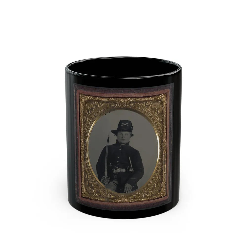 Unidentified Soldier In Union Frock Coat And Hardee Hat With Model 1860 Light Cavalry Saber And Colt Army Model 1860 Revolver (U.S. Civil War) Black Coffee Mug-11oz-Go Mug Yourself