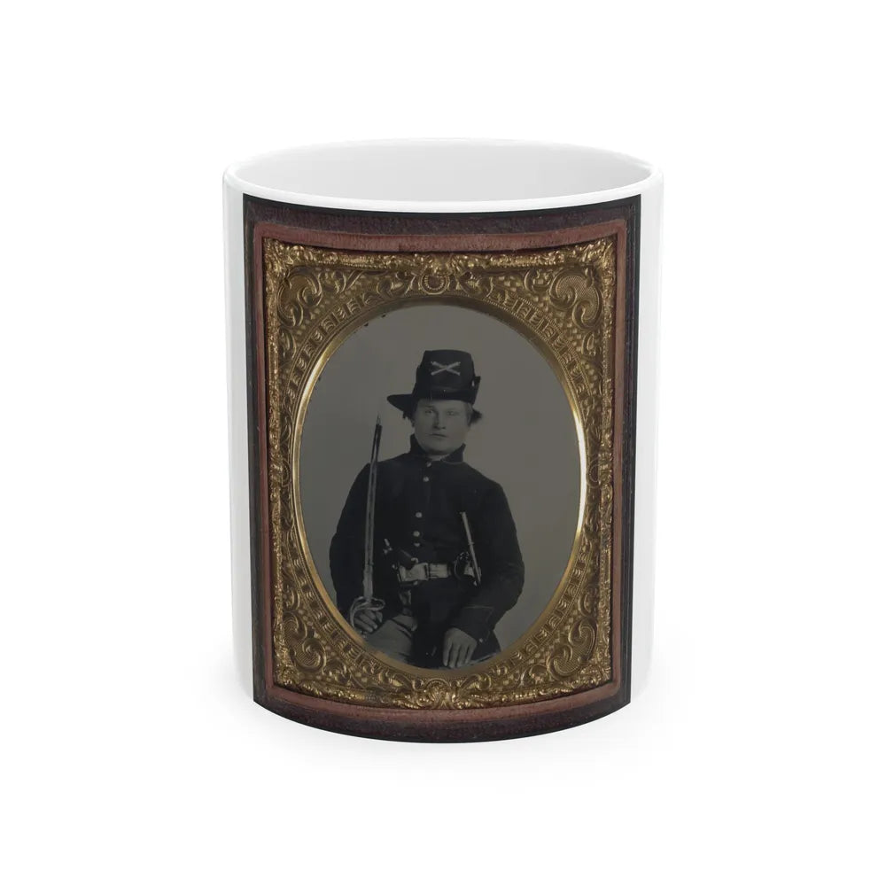 Unidentified Soldier In Union Frock Coat And Hardee Hat With Model 1860 Light Cavalry Saber And Colt Army Model 1860 Revolver (U.S. Civil War) White Coffee Mug-11oz-Go Mug Yourself