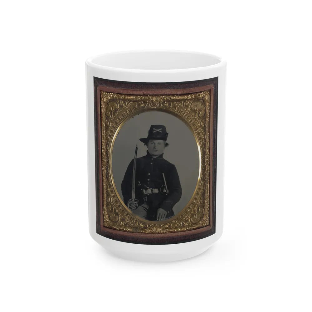 Unidentified Soldier In Union Frock Coat And Hardee Hat With Model 1860 Light Cavalry Saber And Colt Army Model 1860 Revolver (U.S. Civil War) White Coffee Mug-15oz-Go Mug Yourself