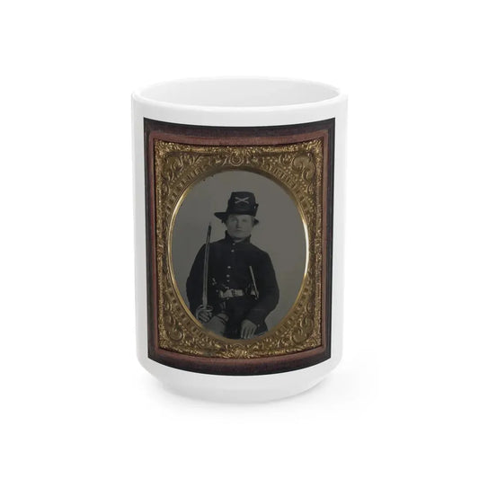 Unidentified Soldier In Union Frock Coat And Hardee Hat With Model 1860 Light Cavalry Saber And Colt Army Model 1860  Revolver (U.S. Civil War) White Coffee Mug 15oz - Go Mug Yourself
