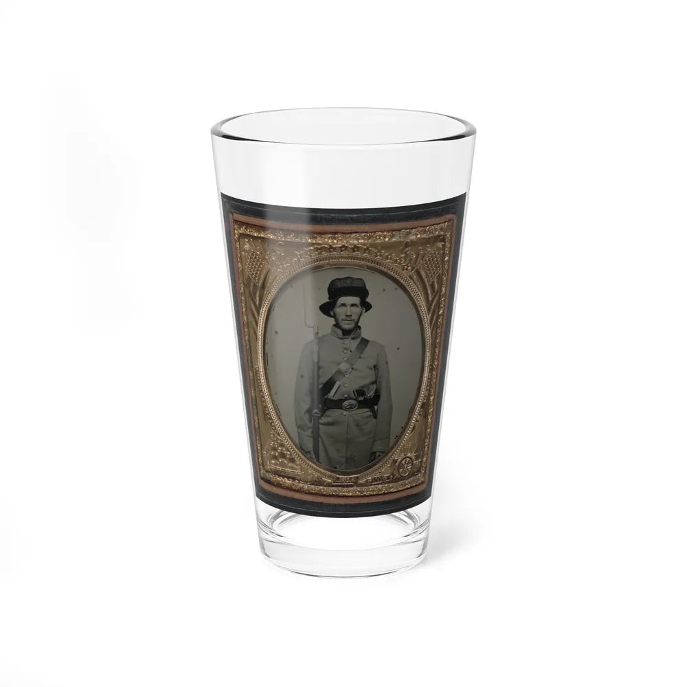 Unidentified Soldier In Union Frock Coat And Havelock Hat Combination With Bayoneted Model 1842 Musket, Knife, And Colt Revolver (U.S. Civil War) Pint Glass 16oz-16oz-Go Mug Yourself