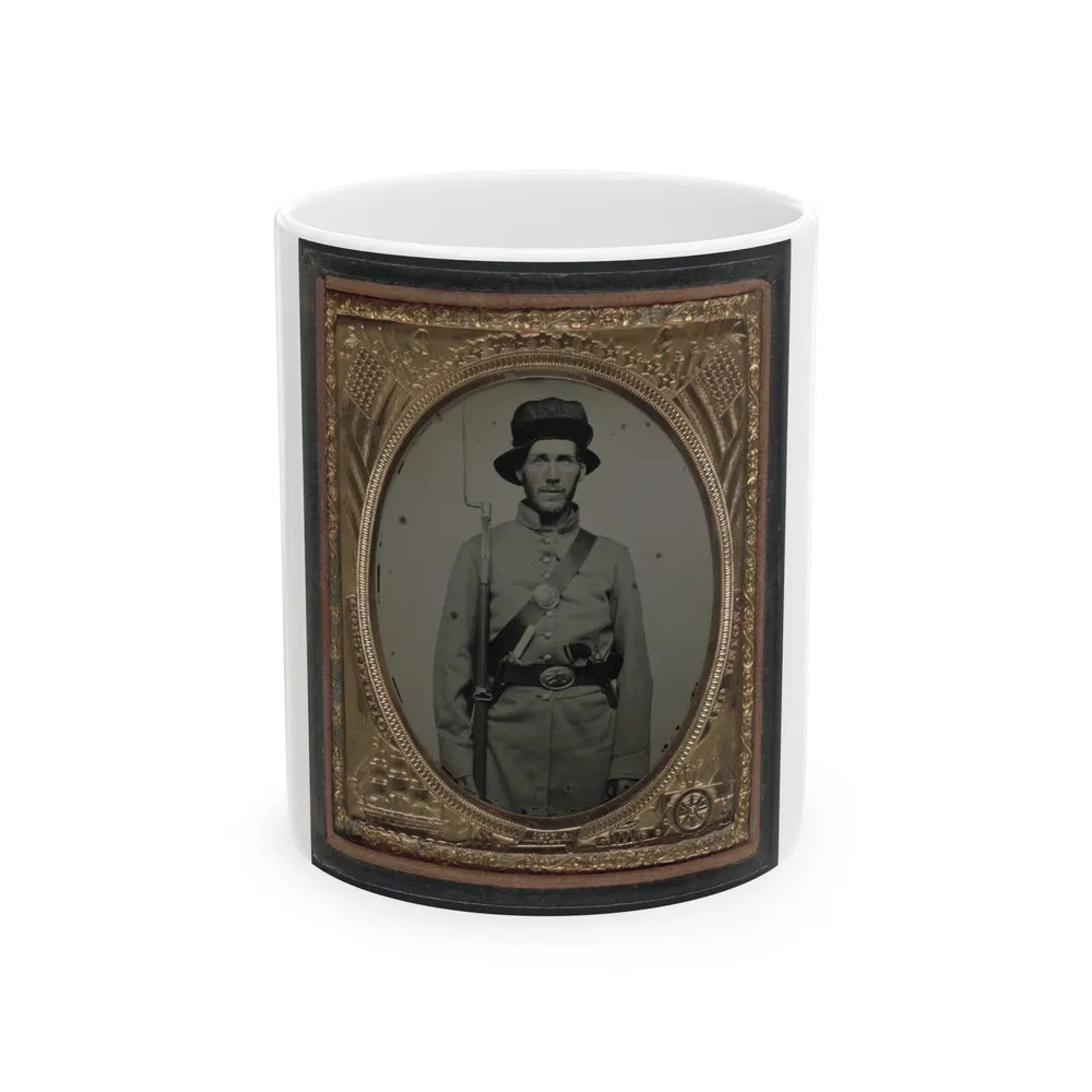 Unidentified Soldier In Union Frock Coat And Havelock Hat Combination With Bayoneted Model 1842 Musket, Knife, And Colt Revolver (U.S. Civil War) White Coffee Mug-11oz-Go Mug Yourself