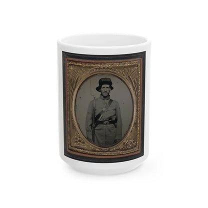 Unidentified Soldier In Union Frock Coat And Havelock Hat Combination With Bayoneted Model 1842 Musket, Knife, And Colt Revolver (U.S. Civil War) White Coffee Mug-15oz-Go Mug Yourself