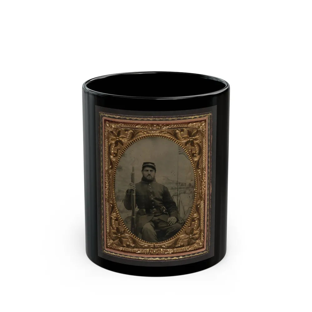 Unidentified Soldier In Union Frock Coat And Kepi Holding Musket In Front Of Painted Backdrop Showing Military Camp (U.S. Civil War) Black Coffee Mug-11oz-Go Mug Yourself