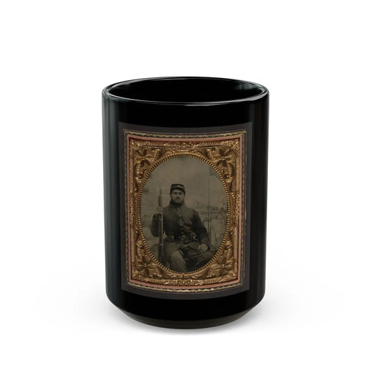 Unidentified Soldier In Union Frock Coat And Kepi Holding Musket In Front Of Painted Backdrop Showing Military Camp (U.S. Civil War) Black Coffee Mug-15oz-Go Mug Yourself