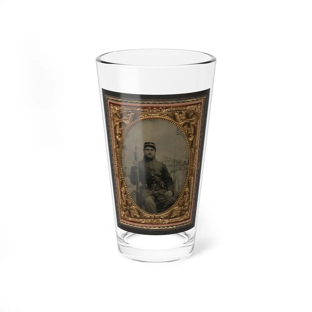 Unidentified Soldier In Union Frock Coat And Kepi Holding Musket In Front Of Painted Backdrop Showing Military Camp (U.S. Civil War) Pint Glass 16oz-16oz-Go Mug Yourself