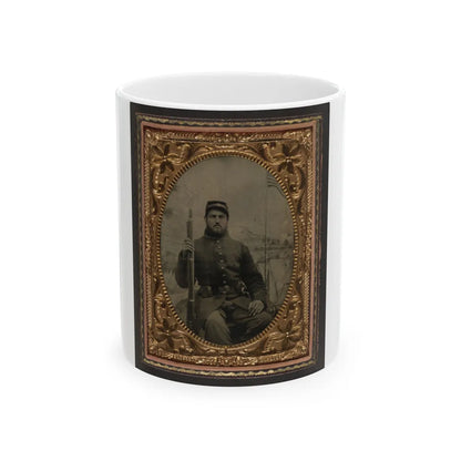 Unidentified Soldier In Union Frock Coat And Kepi Holding Musket In Front Of Painted Backdrop Showing Military Camp (U.S. Civil War) White Coffee Mug-11oz-Go Mug Yourself