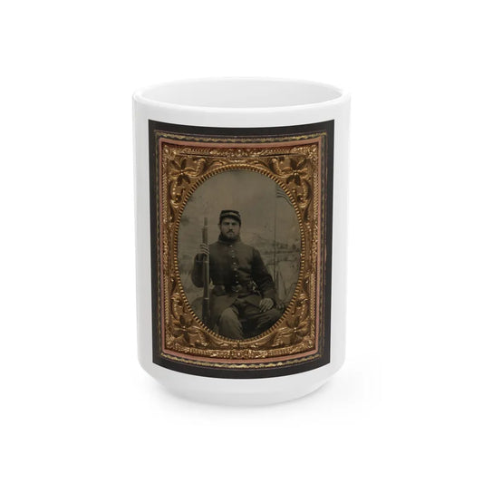 Unidentified Soldier In Union Frock Coat And Kepi Holding Musket In Front Of Painted Backdrop Showing Military Camp (U.S. Civil War) White Coffee Mug-15oz-Go Mug Yourself