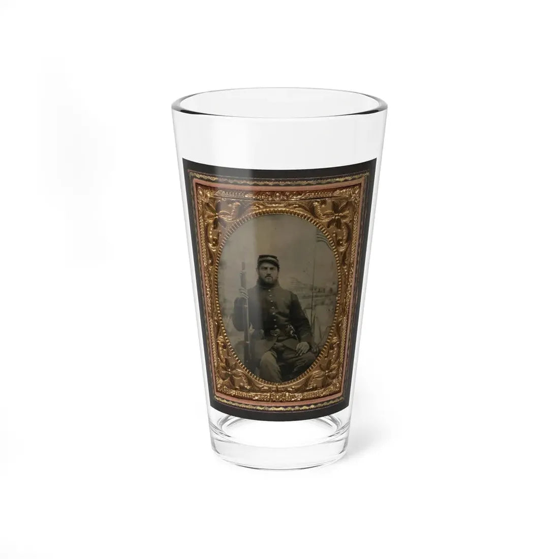 Unidentified Soldier In Union Frock Coat And Kepi Holding Musket In Front Of Painted Backdrop Showing Military Camp (U.S. Civil War) Pint Glass 16oz 16oz - Go Mug Yourself