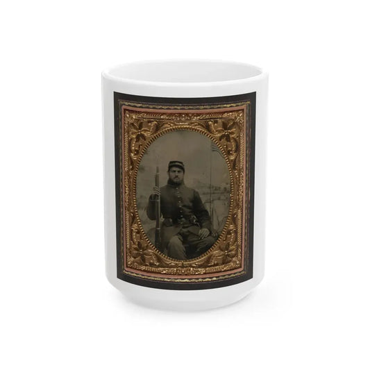 Unidentified Soldier In Union Frock Coat And Kepi Holding Musket In Front Of Painted Backdrop Showing Military Camp (U.S. Civil War) White Coffee Mug 15oz - Go Mug Yourself