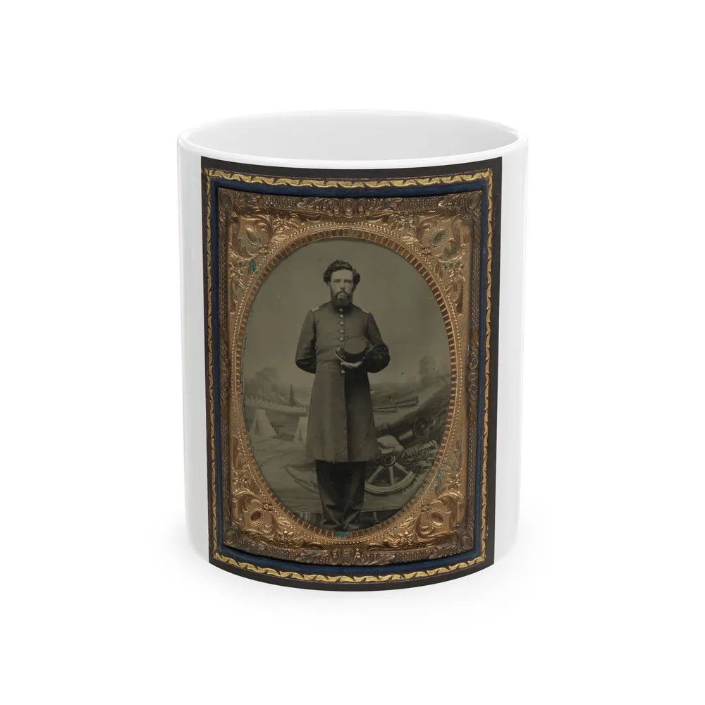 Unidentified Soldier In Union Frock Coat With Hat In Front Of Painted Backdrop Showing Military Camp Scene (U.S. Civil War) White Coffee Mug-11oz-Go Mug Yourself