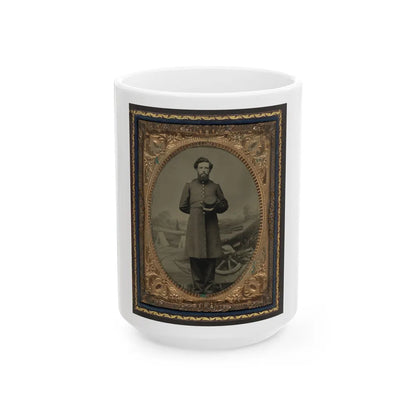 Unidentified Soldier In Union Frock Coat With Hat In Front Of Painted Backdrop Showing Military Camp Scene (U.S. Civil War) White Coffee Mug-15oz-Go Mug Yourself