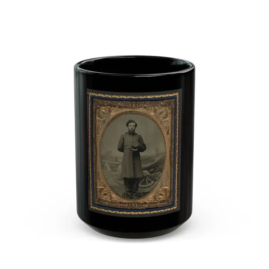 Unidentified Soldier In Union Frock Coat With Hat In Front Of Painted Backdrop Showing Military Camp Scene (U.S. Civil War) Black Coffee Mug 15oz - Go Mug Yourself