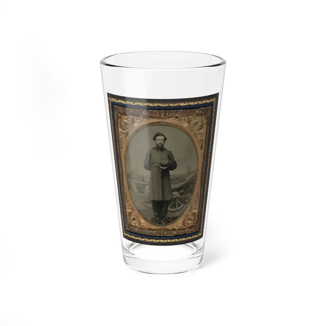 Unidentified Soldier In Union Frock Coat With Hat In Front Of Painted Backdrop Showing Military Camp Scene (U.S. Civil War) Pint Glass 16oz 16oz - Go Mug Yourself