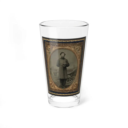 Unidentified Soldier In Union Frock Coat With Hat In Front Of Painted Backdrop Showing Military Camp Scene (U.S. Civil War) Pint Glass 16oz 16oz - Go Mug Yourself