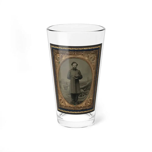 Unidentified Soldier In Union Frock Coat With Hat In Front Of Painted Backdrop Showing Military Camp Scene (U.S. Civil War) Pint Glass 16oz 16oz - Go Mug Yourself