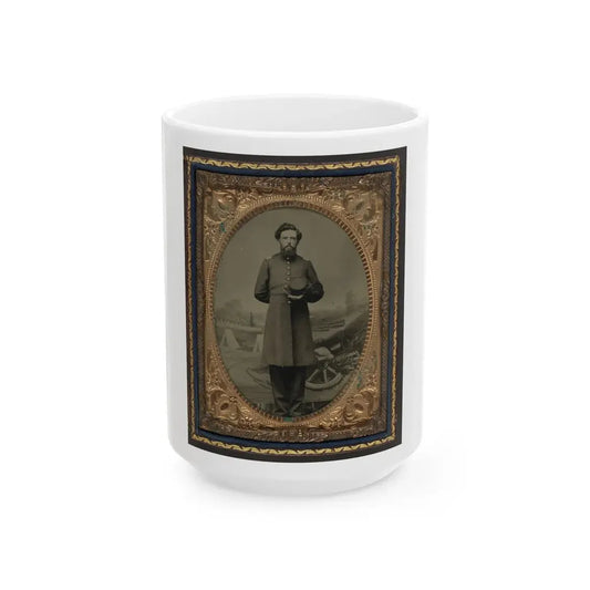 Unidentified Soldier In Union Frock Coat With Hat In Front Of Painted Backdrop Showing Military Camp Scene (U.S. Civil War) White Coffee Mug 15oz - Go Mug Yourself