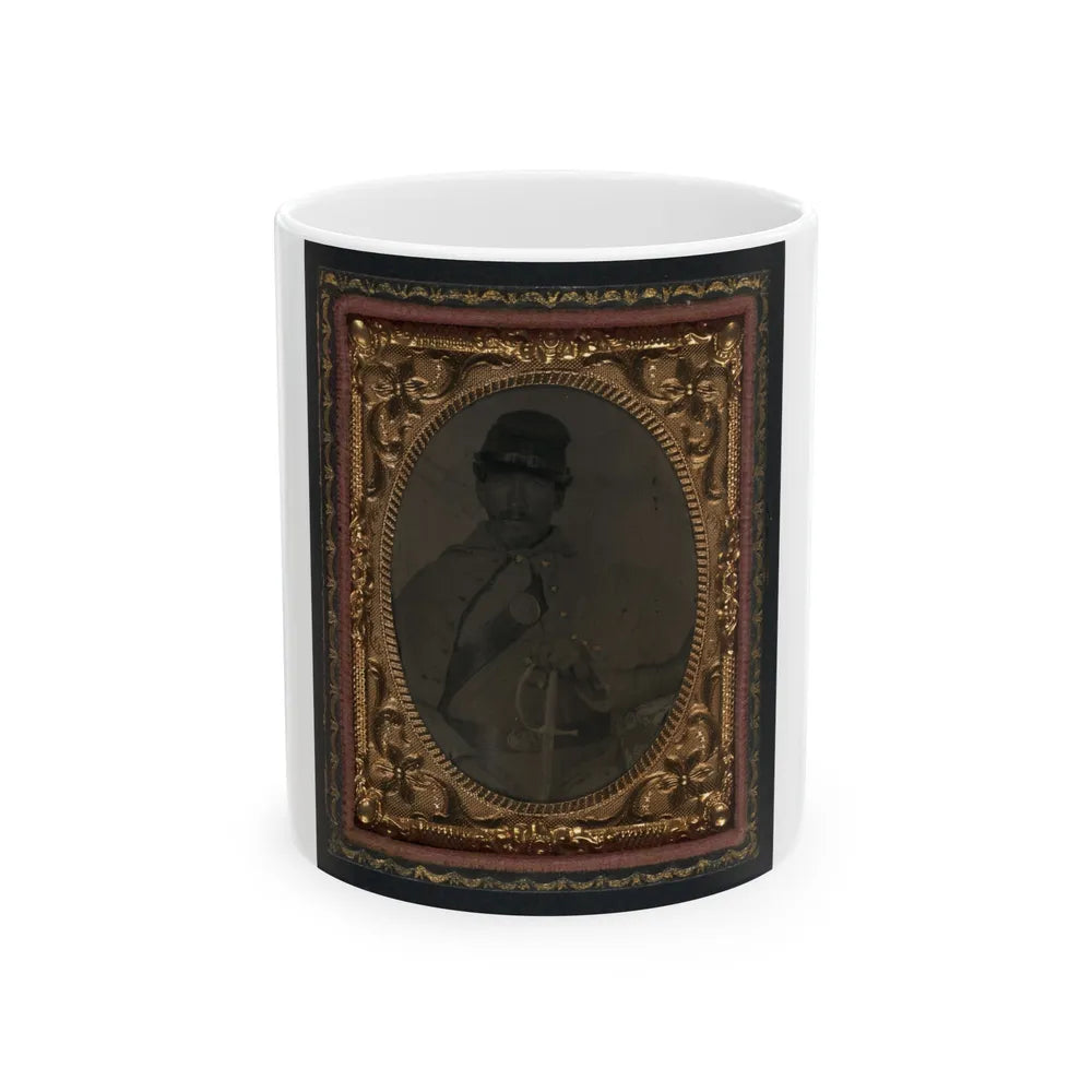 Unidentified Soldier In Union Great Coat And Company D Forage Hat With Sword (U.S. Civil War) White Coffee Mug-11oz-Go Mug Yourself