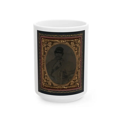 Unidentified Soldier In Union Great Coat And Company D Forage Hat With Sword (U.S. Civil War) White Coffee Mug-15oz-Go Mug Yourself