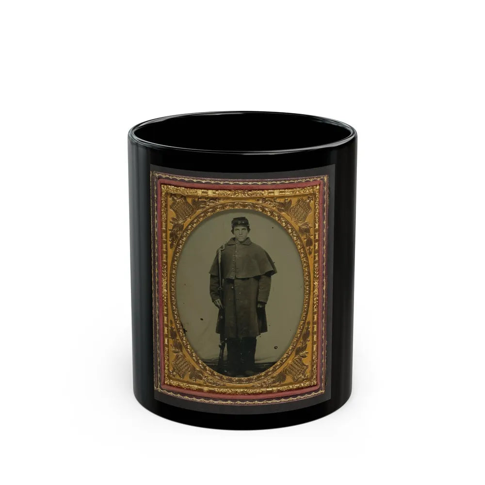 Unidentified Soldier In Union Greatcoat With Forage Hat Standing With Bayoneted Musket (U.S. Civil War) Black Coffee Mug-11oz-Go Mug Yourself