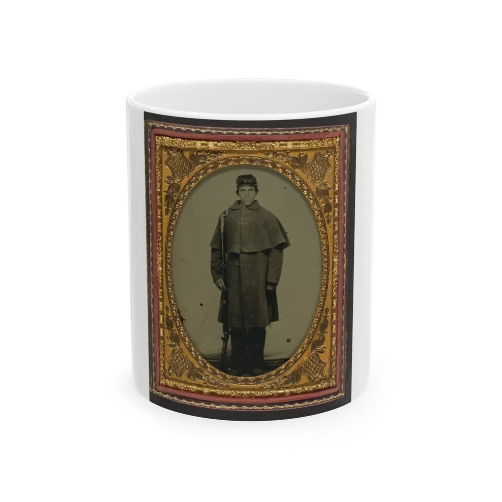 Unidentified Soldier In Union Greatcoat With Forage Hat Standing With Bayoneted Musket (U.S. Civil War) White Coffee Mug-11oz-Go Mug Yourself