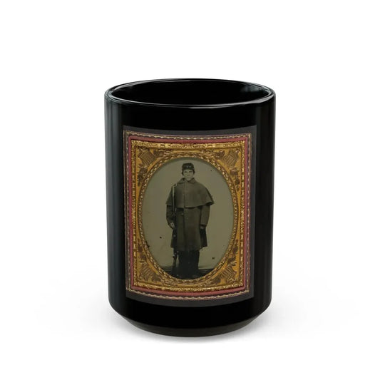 Unidentified Soldier In Union Greatcoat With Forage Hat Standing With Bayoneted Musket (U.S. Civil War) Black Coffee Mug 15oz - Go Mug Yourself