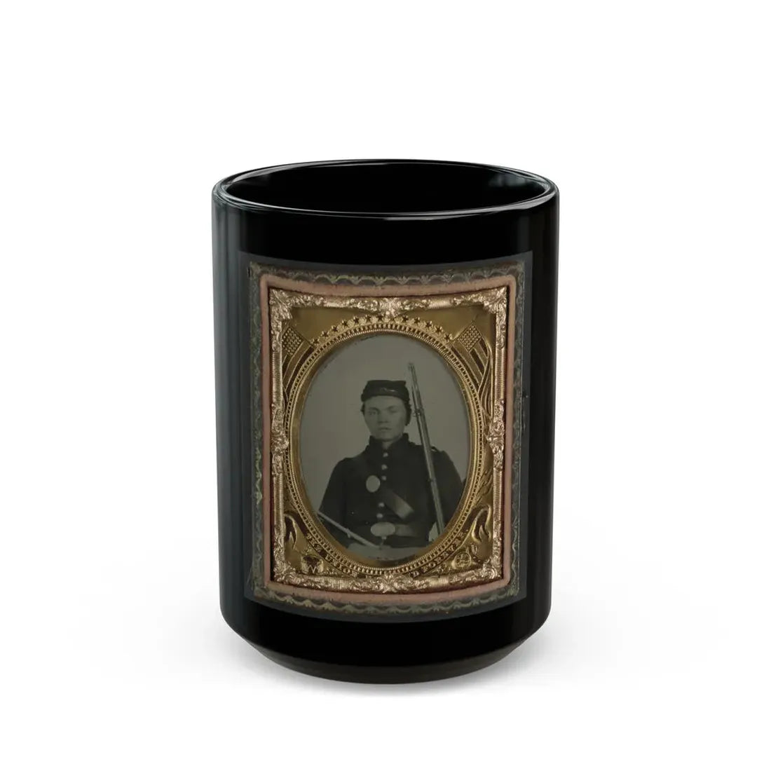 Unidentified Soldier In Union Infantry Uniform And State Of New York Beltplate With Musket (U.S. Civil War) Black Coffee Mug 15oz - Go Mug Yourself