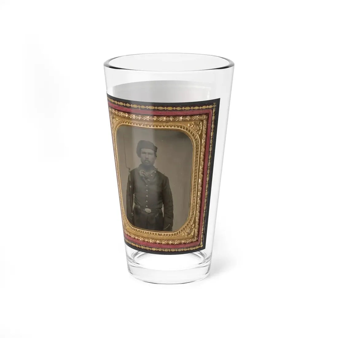Unidentified Soldier In Union Infantry Uniform And Volunteer Maine Militia Belt Buckle With Bayoneted Musket (U.S. Civil War) Pint Glass 16oz - Go Mug Yourself