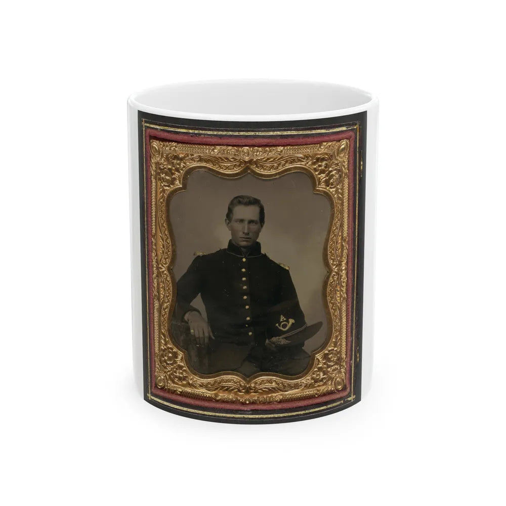 Unidentified Soldier In Union Infantry Uniform With Shoulder Scales Holding Hardee Hat With Company A Insignia (U.S. Civil War) White Coffee Mug-11oz-Go Mug Yourself