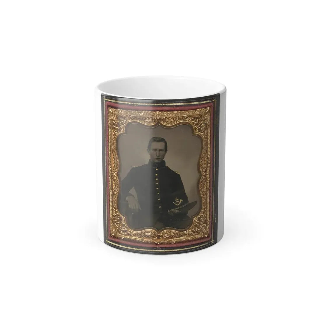 Unidentified Soldier in Union Infantry Uniform With Shoulder Scales Holding Hardee Hat With Company a Insignia (U.S. Civil War) Color Changing Coffee Mug 11oz - Go Mug Yourself