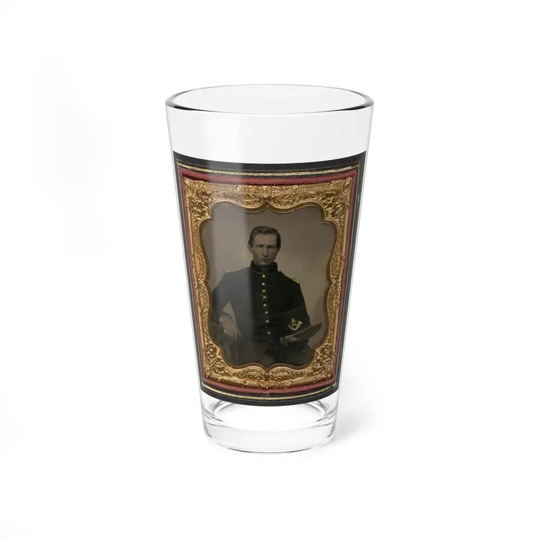 Unidentified Soldier In Union Infantry Uniform With Shoulder Scales Holding Hardee Hat With Company A Insignia (U.S. Civil War) Pint Glass 16oz 16oz - Go Mug Yourself
