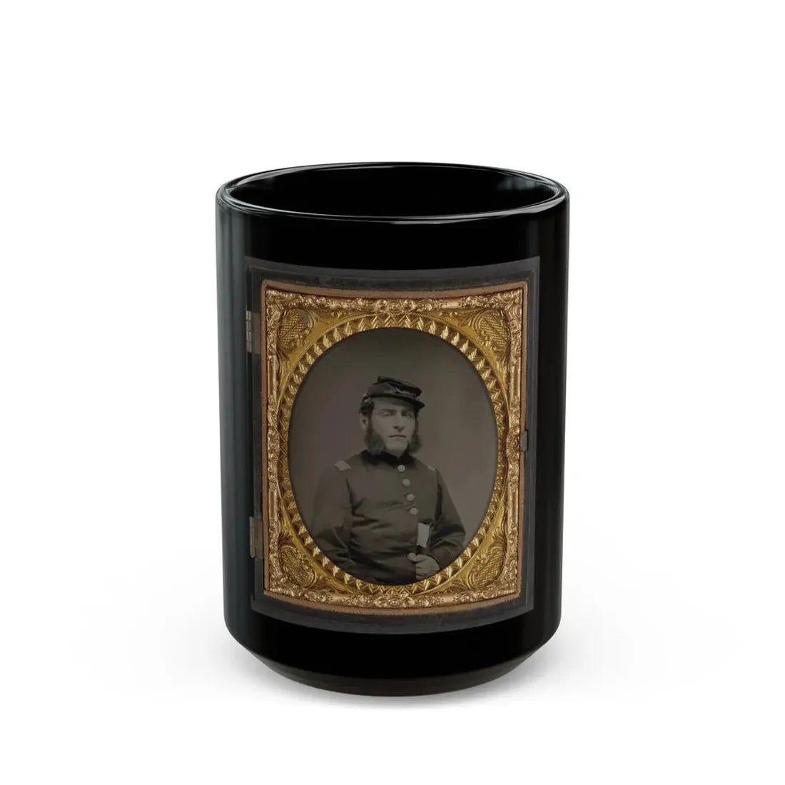 Unidentified Soldier In Union Officers's Uniform And Connecticut State Seal Buttons (U.S. Civil War) Black Coffee Mug 15oz - Go Mug Yourself