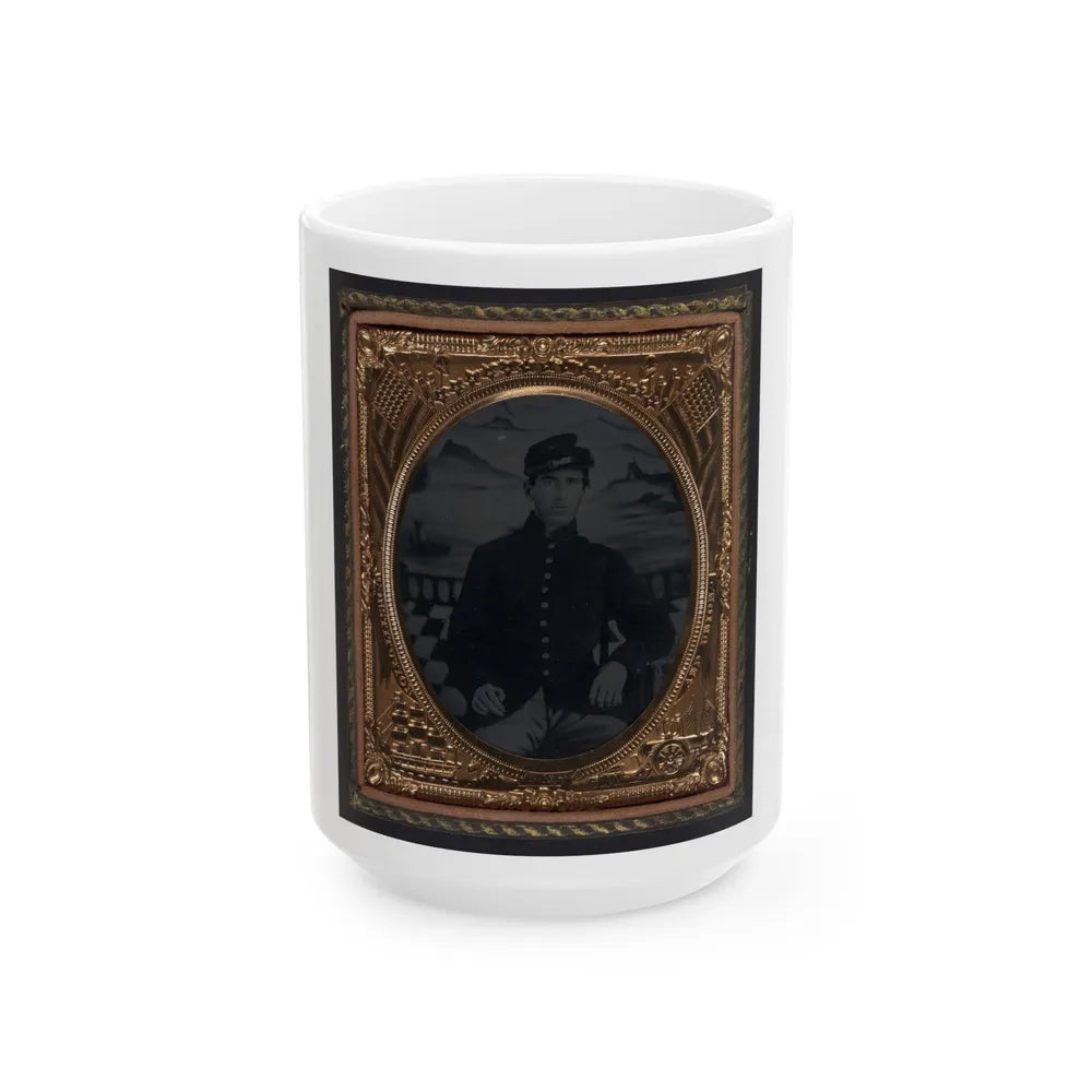 Unidentified Soldier In Union Sack Coat And Forage Cap In Front Painted Backdrop Showing Seascape (U.S. Civil War) White Coffee Mug-15oz-Go Mug Yourself