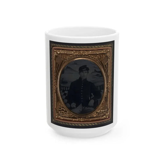 Unidentified Soldier In Union Sack Coat And Forage Cap In Front Painted Backdrop Showing Seascape (U.S. Civil War) White Coffee Mug 15oz - Go Mug Yourself