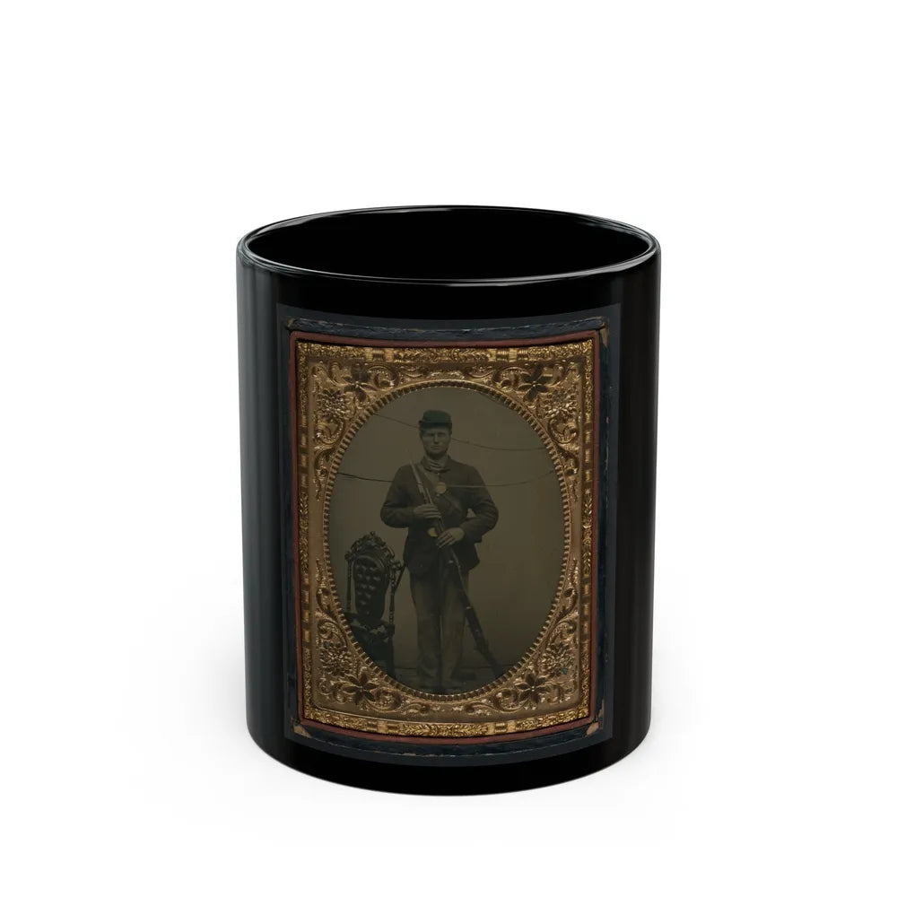 Unidentified Soldier In Union Sack Coat And Forage Cap With Bayonet Scabbard And Bayoneted Musket (U.S. Civil War) Black Coffee Mug-11oz-Go Mug Yourself