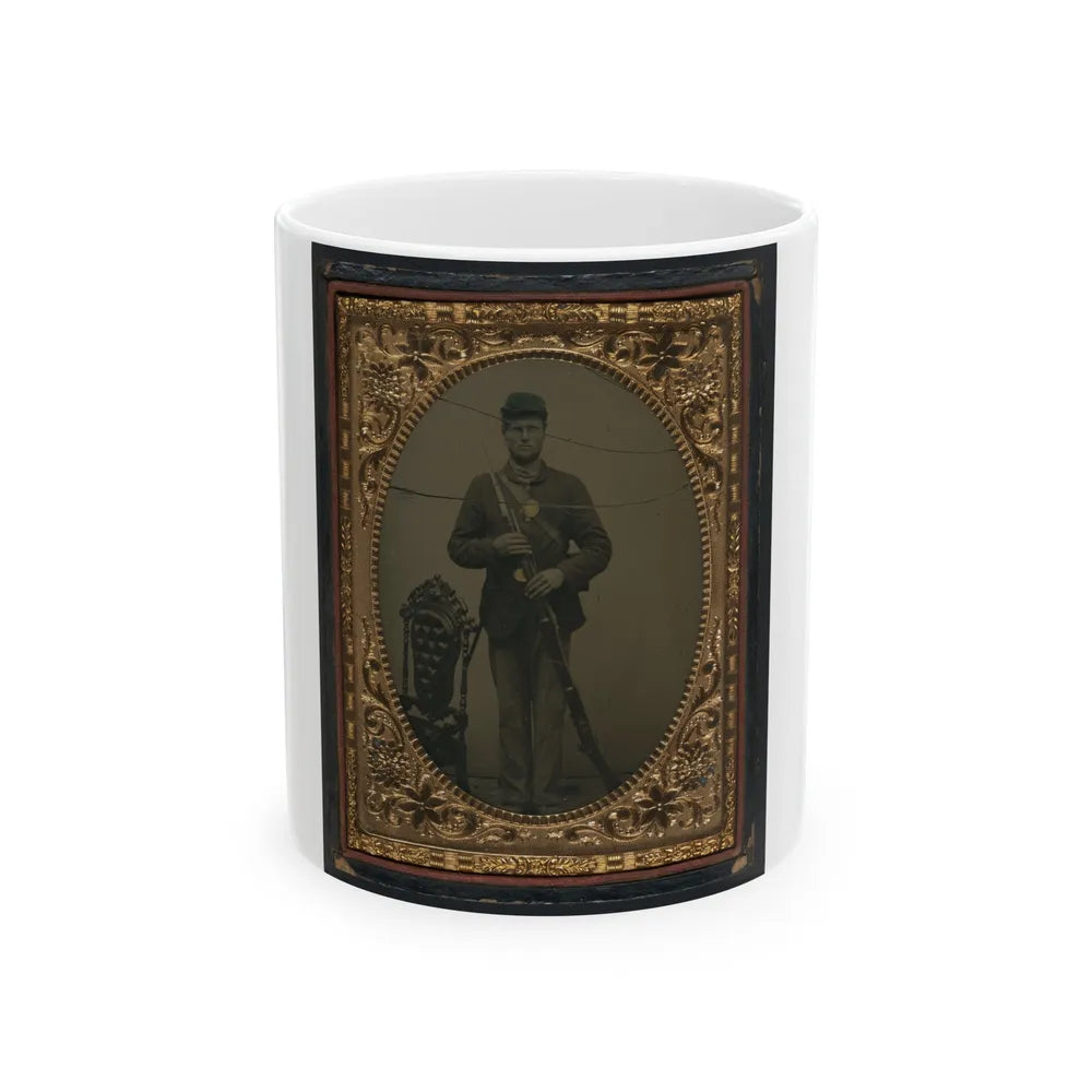 Unidentified Soldier In Union Sack Coat And Forage Cap With Bayonet Scabbard And Bayoneted Musket (U.S. Civil War) White Coffee Mug-11oz-Go Mug Yourself