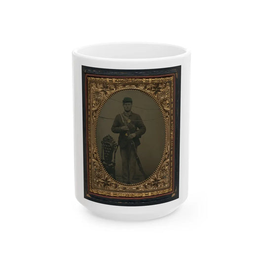 Unidentified Soldier In Union Sack Coat And Forage Cap With Bayonet Scabbard And Bayoneted Musket (U.S. Civil War) White Coffee Mug-15oz-Go Mug Yourself