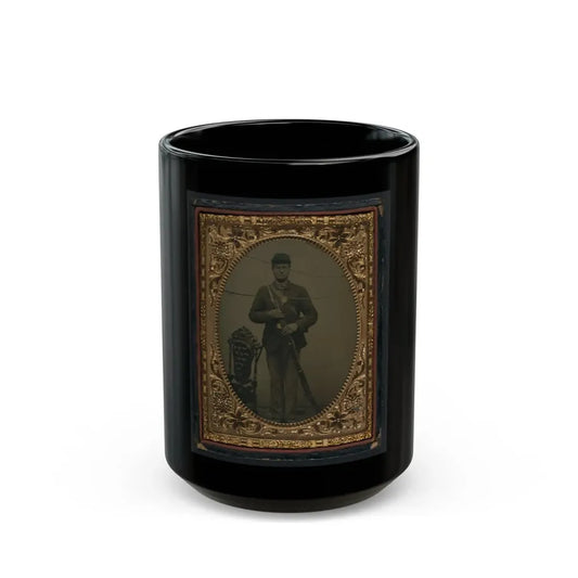 Unidentified Soldier In Union Sack Coat And Forage Cap With Bayonet Scabbard And Bayoneted Musket (U.S. Civil War) Black Coffee Mug 15oz - Go Mug Yourself