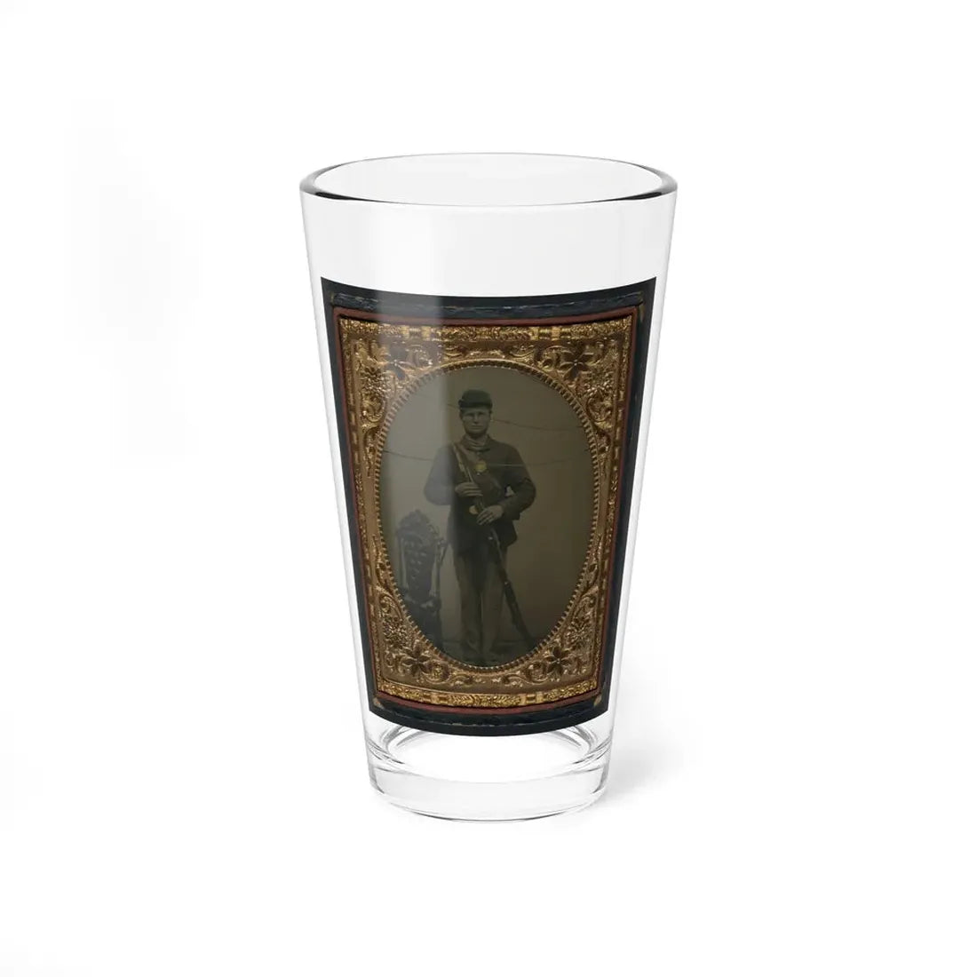Unidentified Soldier In Union Sack Coat And Forage Cap With Bayonet Scabbard And Bayoneted Musket (U.S. Civil War) Pint Glass 16oz 16oz - Go Mug Yourself