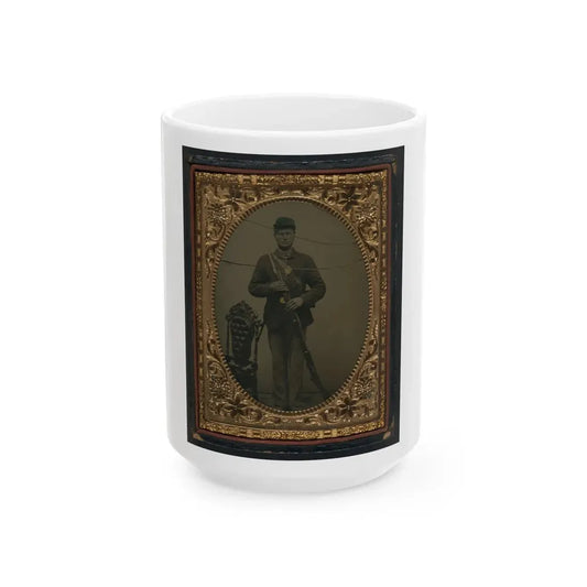 Unidentified Soldier In Union Sack Coat And Forage Cap With Bayonet Scabbard And Bayoneted Musket (U.S. Civil War) White Coffee Mug 15oz - Go Mug Yourself