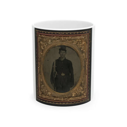 Unidentified Soldier In Union Sack Coat And Forage Cap With Cap Box, Musket, And Attached U.S. Model 1862 Zouave Sword Bayonet (U.S. Civil War) White Coffee Mug-11oz-Go Mug Yourself