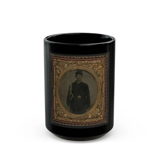 Unidentified Soldier In Union Sack Coat And Forage Cap With Cap Box, Musket, And Attached U.S. Model 1862  Zouave  Sword Bayonet (U.S. Civil War) Black Coffee Mug 15oz - Go Mug Yourself