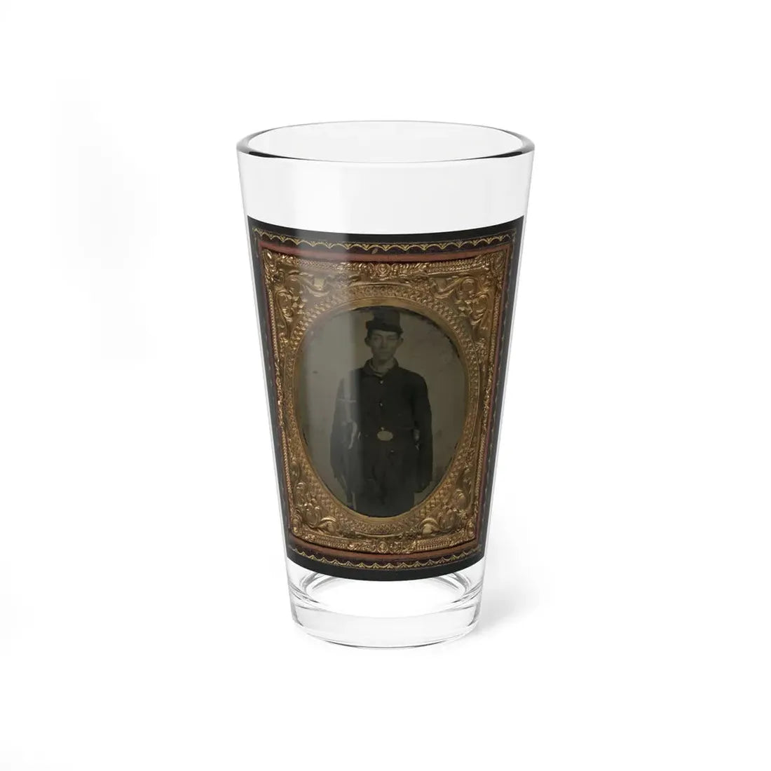 Unidentified Soldier In Union Sack Coat And Forage Cap With Cap Box, Musket, And Attached U.S. Model 1862  Zouave  Sword Bayonet (U.S. Civil War) Pint Glass 16oz 16oz - Go Mug Yourself