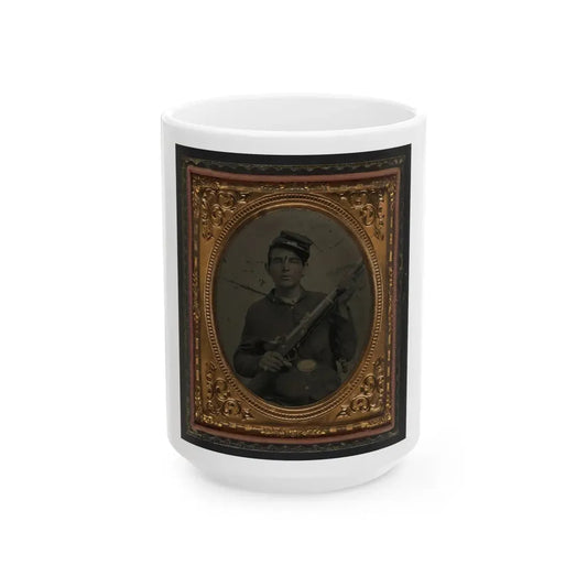Unidentified Soldier In Union Sack Coat And Forage Cap With Musket And Scabbard (U.S. Civil War) White Coffee Mug 15oz - Go Mug Yourself